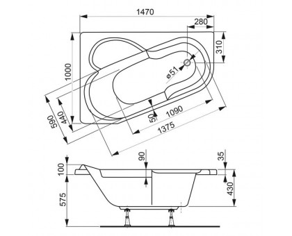 Ванна акриловая VAGNERPLAST (Вагнерпласт) Selena 147 см, угловая асимметричная правая