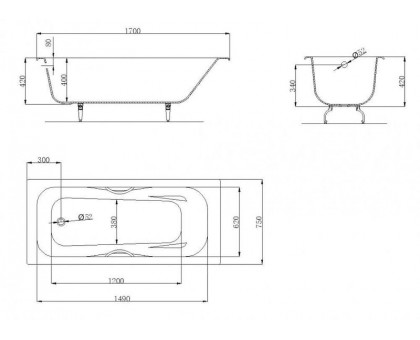 Ванна чугунная OWL 1975 Bjorn 170х75 см с ручками, ножки в комплекте